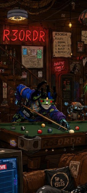 A vibrant digital illustration of a cybernetic character with pixelated sunglasses playing pool in a neon-lit bar featuring 'R3ORDR' signage and an 'INVITE ONLY' sign.