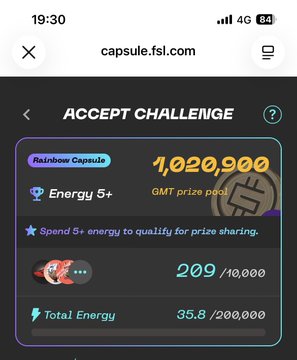 A mobile screenshot of a Capsule (capsule.fsl.com) 'ACCEPT CHALLENGE' page showing a Rainbow Capsule with '1,020,900 GMT prize pool', an Energy score of '209/10,000', and Total Energy of '35.8/200,000'.