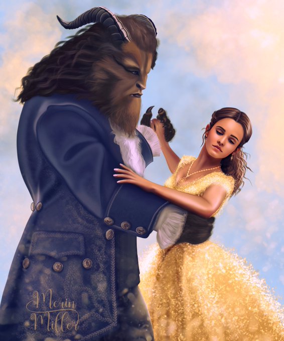A digital illustration depicting the Beast and Belle from Beauty and the Beast dancing, signed 'Merlin Miller' in the lower left corner.