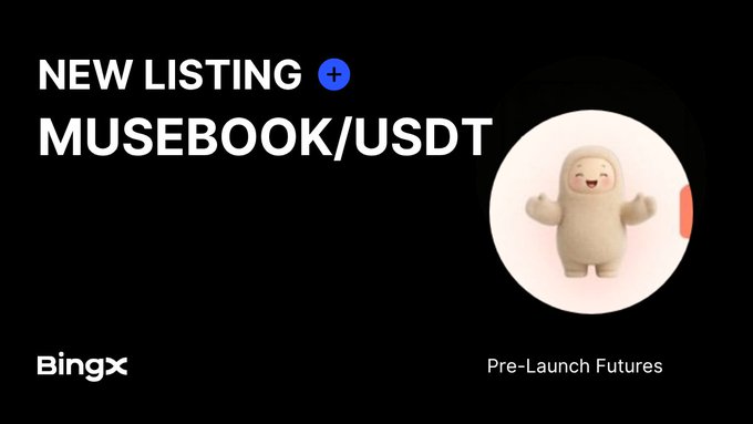 A BingX exchange announcement for a new MUSEBOOK/USDT pre-launch futures listing, featuring a smiling white cartoon mascot character.