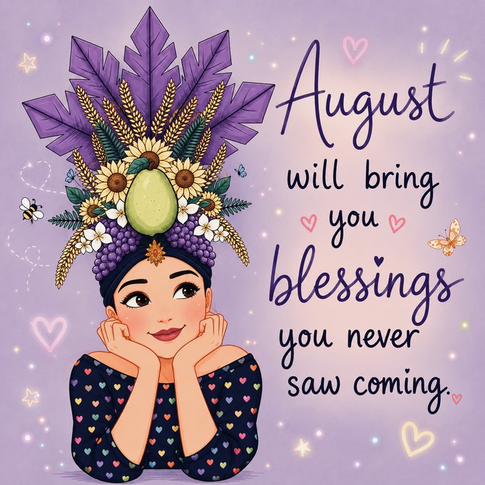 An illustrated graphic of a woman with an elaborate headdress made of purple leaves, sunflowers, and an avocado, with text reading 'August will bring you blessings you never saw coming' on a starry purple background.