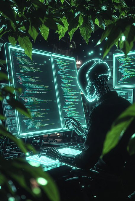 Digital artwork of a futuristic helmeted figure working at multiple glowing blue computer monitors displaying code, framed by green foliage in a cyberpunk setting.