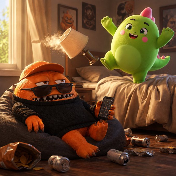 An orange monster lounges in a messy room wearing a cap and sunglasses while holding a phone, as a green dinosaur-like creature jumps joyfully in the background.
