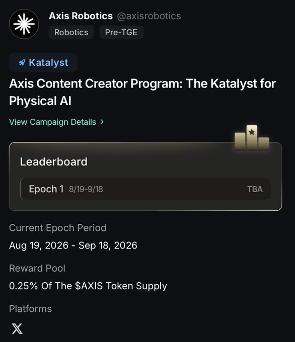 A screenshot of an X (Twitter) post by Axis Robotics (@axisrobotics) promoting the 'Axis Content Creator Program: The Katalyst for Physical AI,' running Epoch 1 from 8/19-9/18 with a reward pool of 0.25% of the $AXIS token supply.