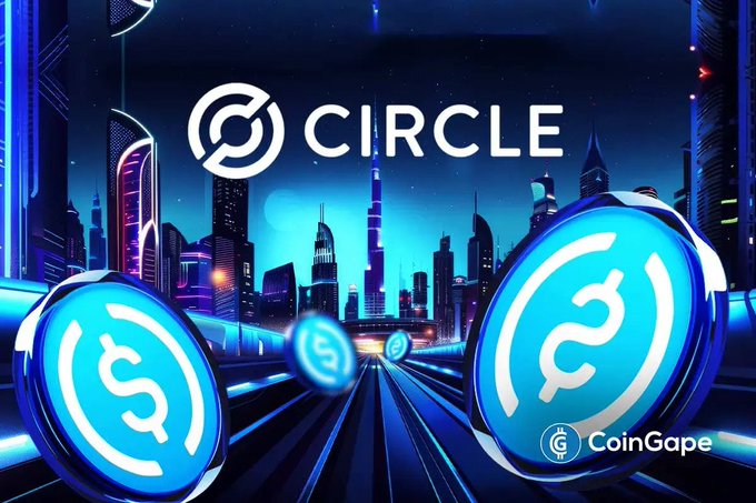 The image, branded with the "CIRCLE" logo and USDC coin imagery against a futuristic cityscape, visually frames Circle's announcement of dual leadership departures—CFO Jeremy Fox-Geen and co-founder P. Sean Neville—as a pivotal transition moment for the stablecoin issuer.