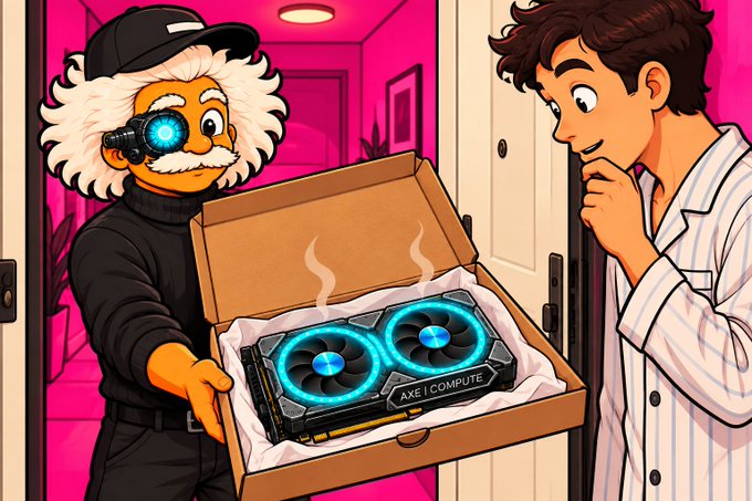 An AI-generated cartoon illustration of an elderly man with a glowing blue mechanical eye presenting a steaming computer graphics card labeled 'AXE COMPUTE' in a cardboard box to a surprised younger man in pajamas.