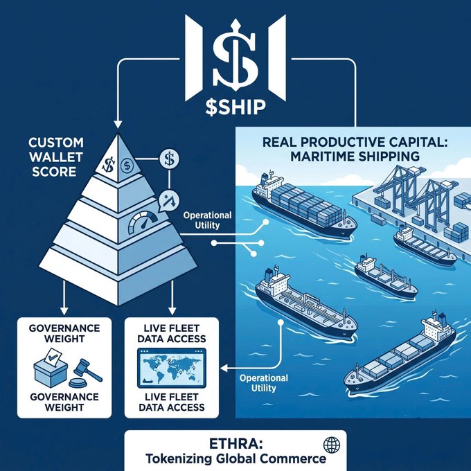 An infographic for '$SHIP' by Ethra Protocol illustrating 'Real Productive Capital: Maritime Shipping' with cargo ships and port infrastructure, connecting a 'Custom Wallet Score' pyramid to 'Governance Weight' and 'Live Fleet Data Access,' tagged 'ETHRA: Tokenizing Global Commerce.'