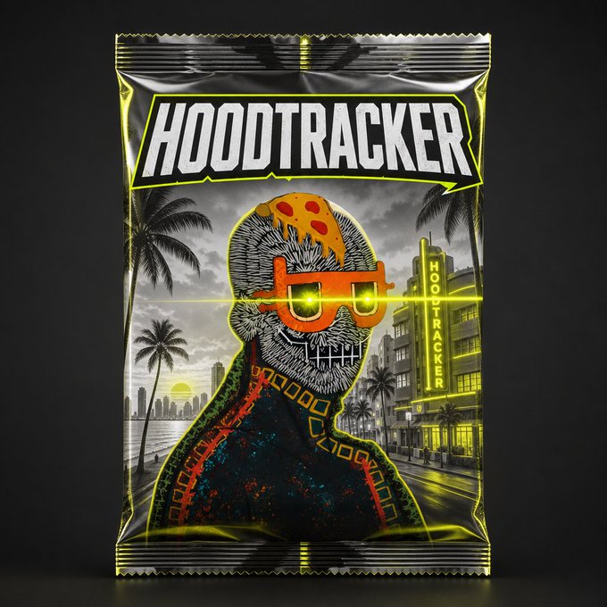 A stylized trading card pack design labeled 'HOODTRACKER' featuring a skull-like character with orange glasses and a bandana, set against a Miami beach and cityscape background in a comic book art style.