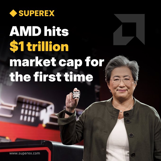 The image shows a woman holding up a small AMD processor chip with text reading "SUPEREX - AMD hits $1 trillion market cap for the first time." The graphic relates to the post by celebrating AMD's historic milestone of reaching a $1 trillion market capitalization, featuring a person displaying an AMD chip to symbolize the company's achievement in the AI and semiconductor industry.