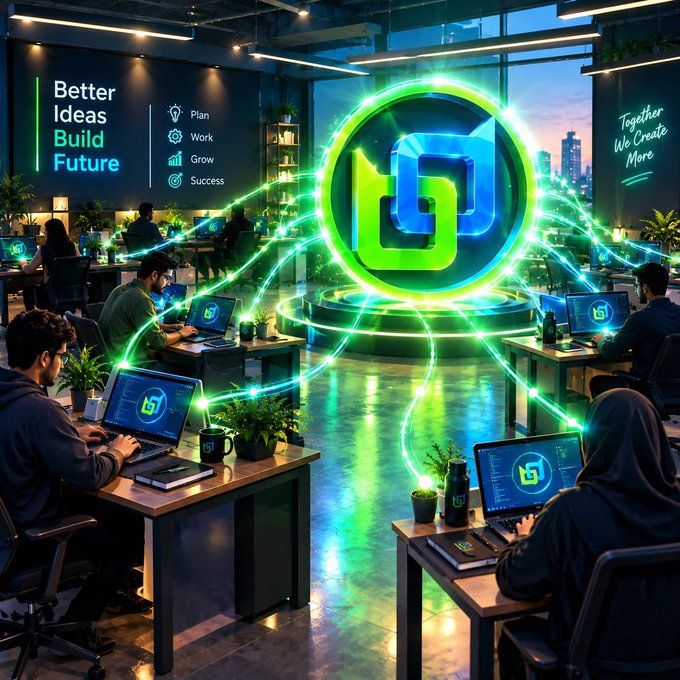 A futuristic tech office scene featuring people working at desks with laptops, centered around a glowing green and blue circular logo with the text 'Better Ideas Build Future' and 'Together We Create More' visible on walls.