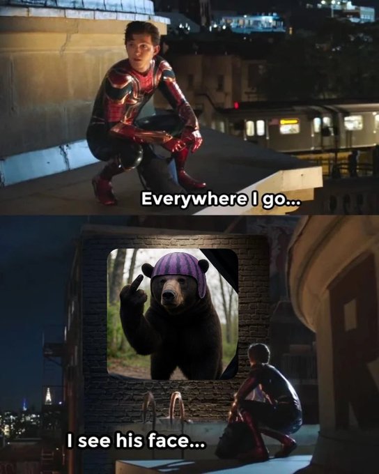 A two-panel meme featuring Spider-Man with text "Everywhere I go..." on top and "I see his face..." below, showing a bear in a purple hat on a billboard.