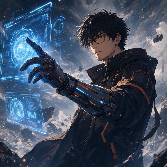 A sci-fi anime-style illustration features a dark-haired male character with a mechanical arm interacting with holographic blue displays against a cosmic background.