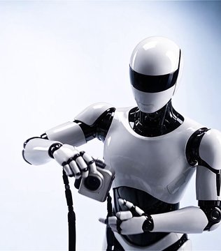 A white humanoid robot holds what appears to be a charging cable or device against a light blue background.