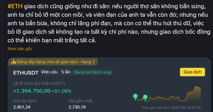 A Vietnamese-language Binance screenshot about ETH trading with a quote comparing trading to hunting, showing ETHUSDT with profit of +1,394,750.00 USDT (+51.08%) and a chart timestamped 2026-08-28 09:15.