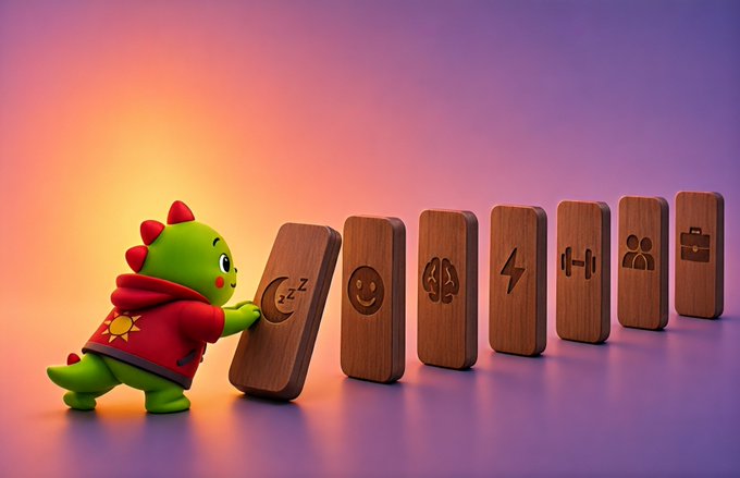 A 3D animated green dinosaur character wearing a red hoodie pushes a row of wooden blocks engraved with various symbols in a soft purple and pink lit room.