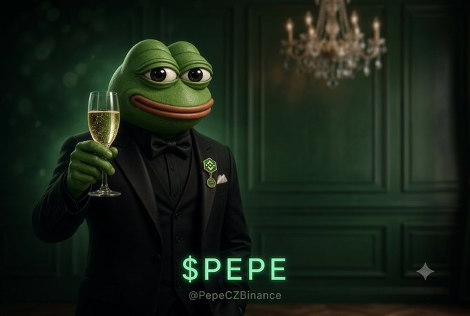 A digitally rendered Pepe the Frog in a tuxedo holds a champagne glass in an elegant green room, with the text '$PEPE @PepeCZBinance' displayed below.