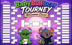 A promotional graphic titled 'Baby Bull Bear Tourney Mid Summer Classic' with a tournament bracket flanked by a green bull character and a gray bear character.
