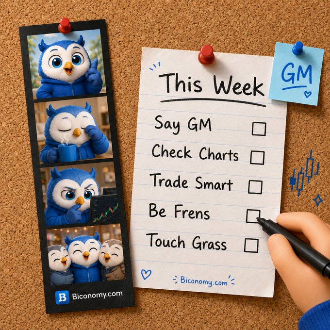A corkboard displays a weekly checklist from Biconomy.com with items like "Say GM," "Check Charts," "Trade Smart," "Be Frens," and "Touch Grass," alongside a filmstrip of a blue owl mascot and a sticky note reading "GM."