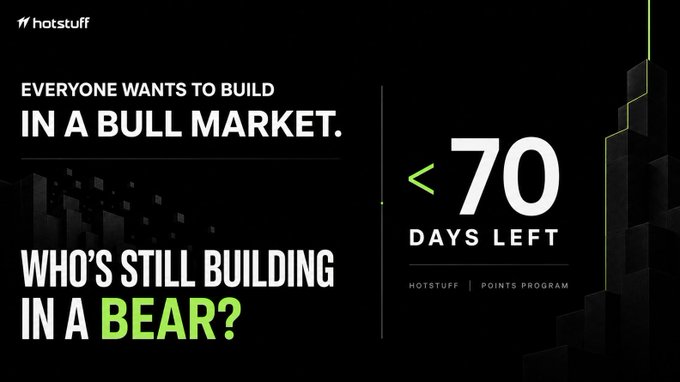 A black promotional graphic from 'hotstuff' reads 'EVERYONE WANTS TO BUILD IN A BULL MARKET.' and 'WHO'S STILL BUILDING IN A BEAR?' alongside a countdown stating '<70 DAYS LEFT' for their 'POINTS PROGRAM'.