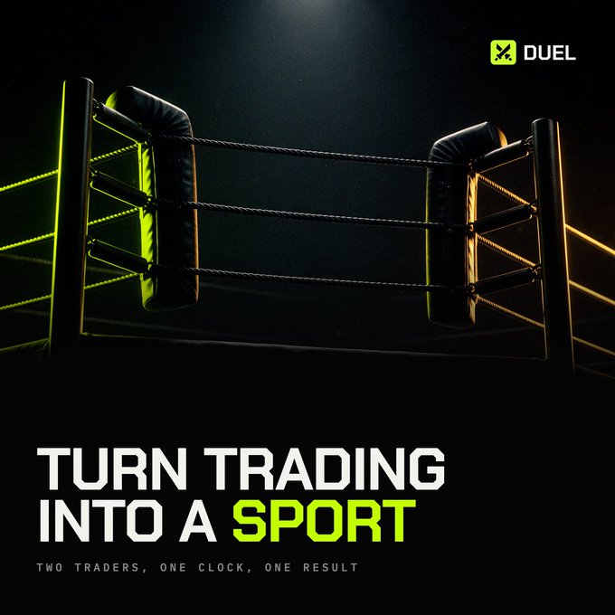 A promotional advertisement for DUEL featuring a boxing ring with dramatic lighting, displaying the text 'TURN TRADING INTO A SPORT' and 'TWO TRADERS, ONE CLOCK, ONE RESULT' along with the DUEL logo.