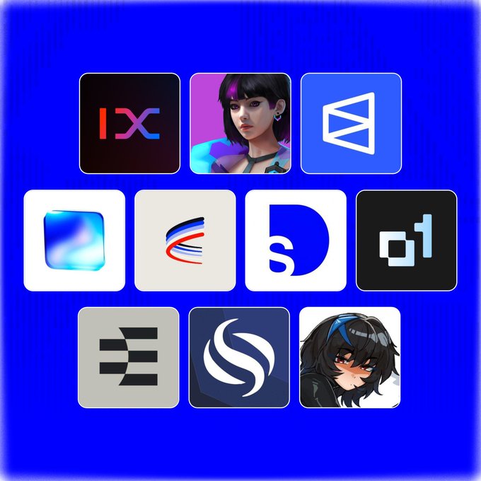 The image features a grid of nine different logos for various apps and protocols. The logos are arranged in a square format with three rows and three columns against a blue background. Each logo represents a different app or protocol, such as X, E, S, D, 1, 0, O1, O2, and O3. The logos include icons like a person's face, a computer mouse, and other symbols associated with the apps or protocols they represent.