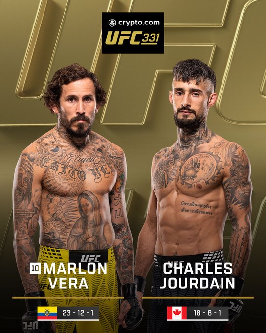 A UFC 331 promotional poster features fighters Marlon "Chito" Vera (10th ranked, 23-12-1) and Charles Jourdain (18-8-1) standing shirtless and heavily tattooed against a gold "UFC" backdrop, advertising their prelims matchup currently streaming live on Paramount Plus via Crypto.com.
