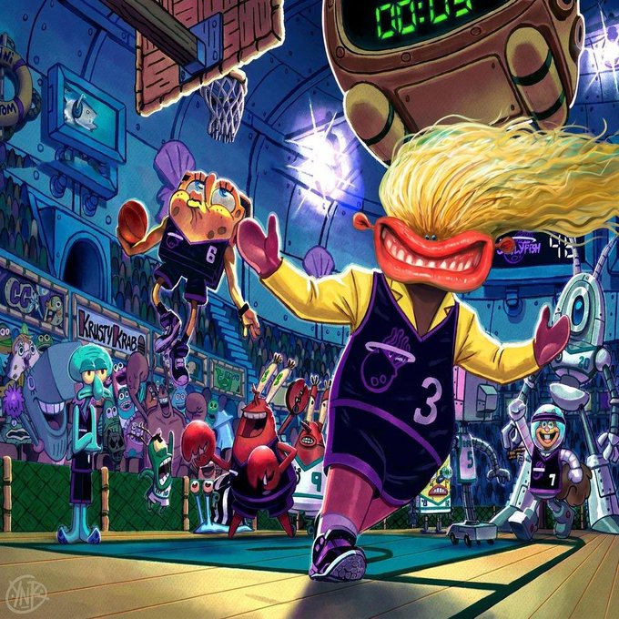 A vibrant SpongeBob SquarePants illustration featuring Mr. Krabs and a blonde fish character in basketball jerseys (numbers 6 and 3) playing in an underwater arena with cheering sea creature spectators.