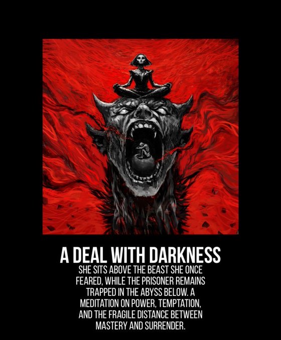 The image shows a black poster with an illustration of a scary, monster-like creature sitting atop another figure's head. The words "A Deal With Darkness" are written at the top, and below them, there is text providing more information about this concept or deal. This description likely refers to a challenging situation one must face, perhaps involving their fears or other challenges in life. The poster does not provide any additional details beyond that.