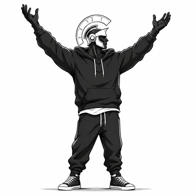 The image features a man wearing a black hoodie, white pants, and sneakers standing against a white background. The man has his arms raised up in the air with his hands outstretched. There are no texts or other objects present in the image. The focus is on the man's pose and attire, which suggests that he might be promoting a product or service related to cryptocurrency management or digital assets.