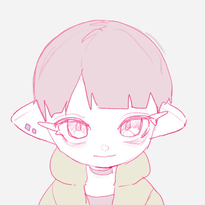 A pink-toned digital sketch of a character with short hair, large pointed ears, and big eyes wearing a hooded jacket.