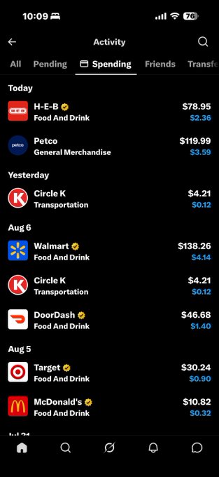 A mobile phone screenshot of a spending activity feed showing transactions including H-E-B, Petco, Circle K, Walmart, DoorDash, Target, and McDonald's with their respective amounts.