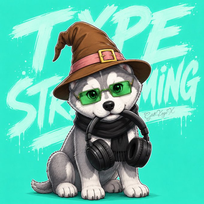 Digital illustration of a husky puppy wearing a brown wizard hat, green sunglasses, and large black headphones around its neck, with the text 'TYPE STREAMING' in graffiti style on a teal background.