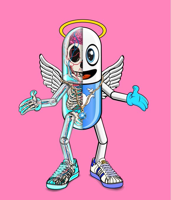 An illustration of a cartoon character split down the middle—one half a smiling pill figure with angel wings, the other half a skeletal, brain-exposed figure with an X-ray body—set against a pink background.