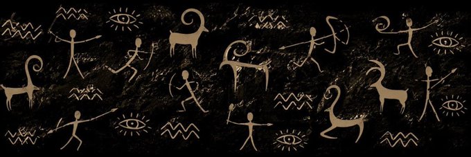 A horizontal banner depicting ancient petroglyph-style rock art on a dark textured background, featuring tan silhouettes of hunters with bows, horned animals, eyes, and zigzag water symbols.