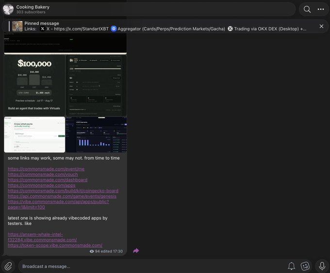 A Discord message in the "Cooking Bakery" channel shows a pinned preview linking to a $100,000 vibecoding competition by "StandardXBT" (preview ending Jul 17 - Aug 17), along with a list of CommonStack project URLs and AI tools like lamsem-whale-intel and token-scope.vibe.commonstack.com, illustrating the post's point about users focusing on small airdrop calculations rather than the broader project's underlying technology and marketing approach.