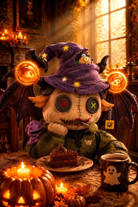 A digital illustration of a spooky, stitched-up doll creature wearing a purple wizard hat with glowing orange horns, sitting before a slice of cake and a ghost-mug in a candlelit, Halloween-themed room.