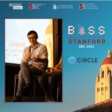 Promotional graphic for 'The BOSS Stanford SBC 2026' event featuring logos for Stanford Blockchain, Stanford Blockchain Accelerator, and Circle, showing two men seated on stage with a Stanford Campus backdrop.