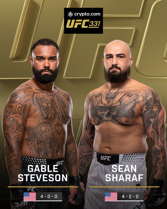 The image is a UFC 331 promotional poster featuring heavyweight fighters Gable Steveson (4-0-0) on the left and Sean Sharaf (4-2-0) on the right, both shown shirtless and heavily tattooed against a gold background. The poster includes the Crypto.com logo and the fighters' records, promoting the matchup as a high-impact showdown in the heavyweight division as mentioned in the post.