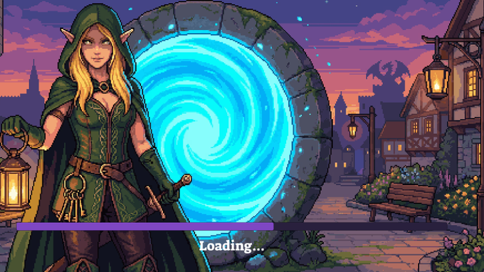 A pixel art loading screen featuring a hooded elven character holding a lantern beside a glowing blue portal in a fantasy village, with "Loading..." text and a progress bar displayed below. The image ties to the post's announcement of new content updates in various crypto gaming projects.