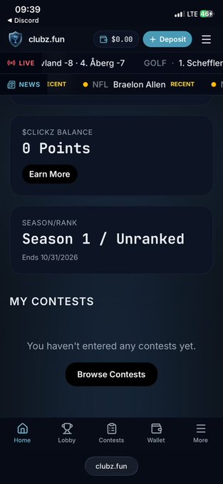 A mobile app screenshot of 'clubz.fun' shows a Discord-linked account with a $CLICKZ BALANCE of 0 Points, Season 1 / Unranked status, and an empty 'My Contests' section.