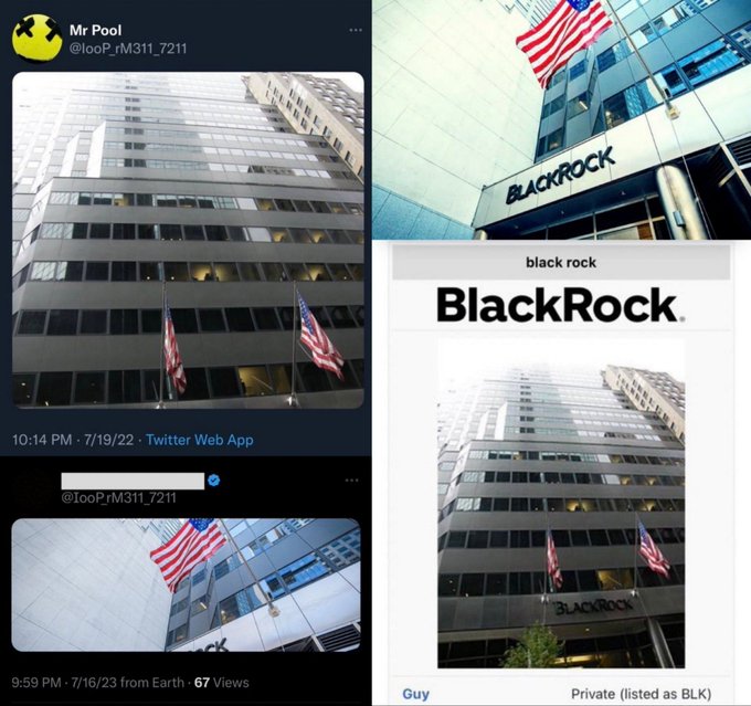 The image is a collage showing BlackRock's headquarters with its name visible on the building and American flags flying outside, alongside social media posts from user "Mr Pool" (@looPrM311_7211) sharing photos of the BlackRock office building. The collage illustrates the post's claim about BlackRock's inevitable market participation, visually emphasizing the company's physical corporate presence as evidence of its significant role in financial markets.