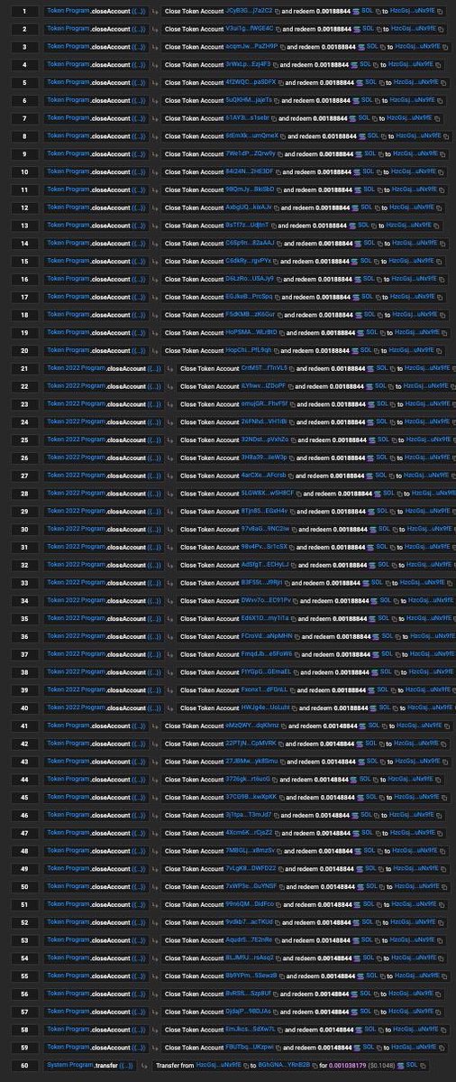 The image displays a log of Solana blockchain transactions, predominantly showing "closeAccount" calls for various token programs (including "TokenkegQfeZyiNwAJbNbGKPFXCWuBvf9Ss623VQ5DA" and "TokenzQdBNbLqP5VEhdkAS6EPFLC1PHnBqCXEpPxuEb"), each redeeming approximately 0.00188844 SOL to the address "HezDq...uNvWE", with a final system transfer of 0.001038179 SOL to "BQhQNd...Y8b228". This aligns with the post criticizing Phantom wallet for allegedly ignoring small unclaimed token account balances while praising Solflare for prioritizing user benefits in the Solana ecosystem.