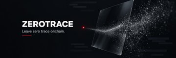 The image displays a promotional banner for "ZEROTRACE" with the tagline "Leave zero trace onchain," featuring a laptop with particles dispersing from its screen against a dark background. The graphic reinforces the post's message about privacy-focused onchain tools, aligning with ZeroTrace's branding as a solution for users concerned about wallet tracking and data exposure.