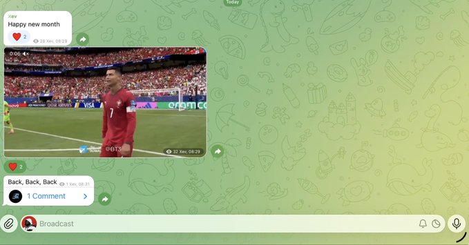 A Telegram broadcast screen shows a football clip featuring a Qatar player (#7) on the pitch during a match, framed within the channel's green-themed background with a "Happy new month" post from @Xev at 28 Nov, 08:29. The "We are back" message aligns with the image's caption, signaling the channel's return with football content.