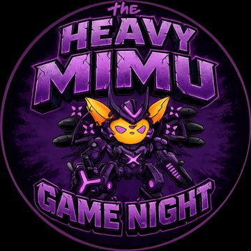 A purple circular logo reading 'The HEAVY MIMU GAME NIGHT' featuring a yellow-faced character with horns and dark armor.