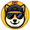 The same DHC (Doge Head Coin) logo showing a Shiba Inu in a cap and sunglasses on a gold circular background.