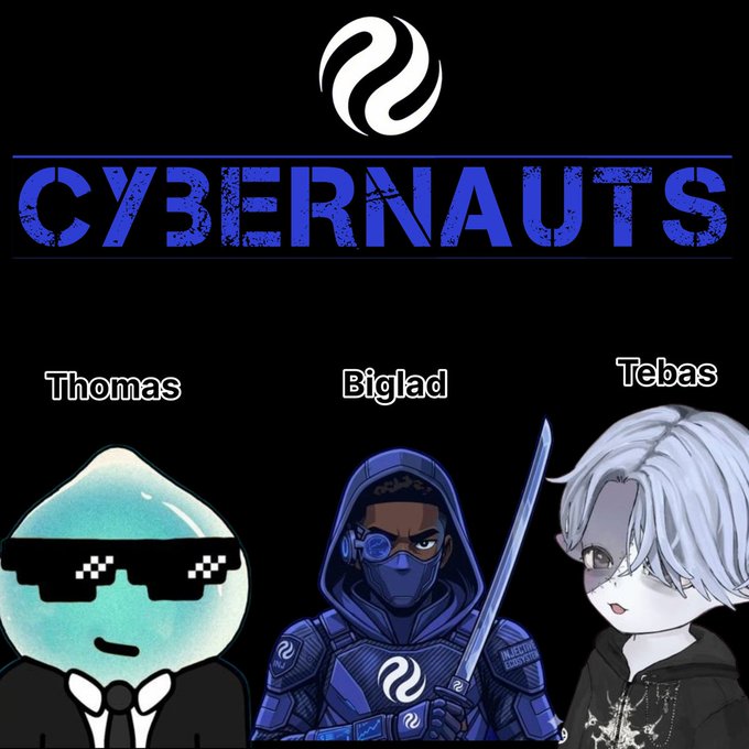 The image features a cartoon illustration of three characters, each wearing sunglasses and holding a sword or gun. The characters are named Thomas, Biglad, and Tebas. They appear to be engaged in an action-packed scene, possibly fighting or exploring together. The background is black with the words "CyberNauts" written above them in blue letters.