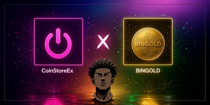 The image displays an official partnership announcement graphic between CoinStoreEx and BINGOLD, featuring their respective logos (a pink power button icon for CoinStoreEx and a gold coin with "BINGOLD" text) connected by an "X" symbol, with a cartoon avatar of a person wearing pearls below them—promoting BINGOLD's listing on the CoinStoreEx exchange platform.