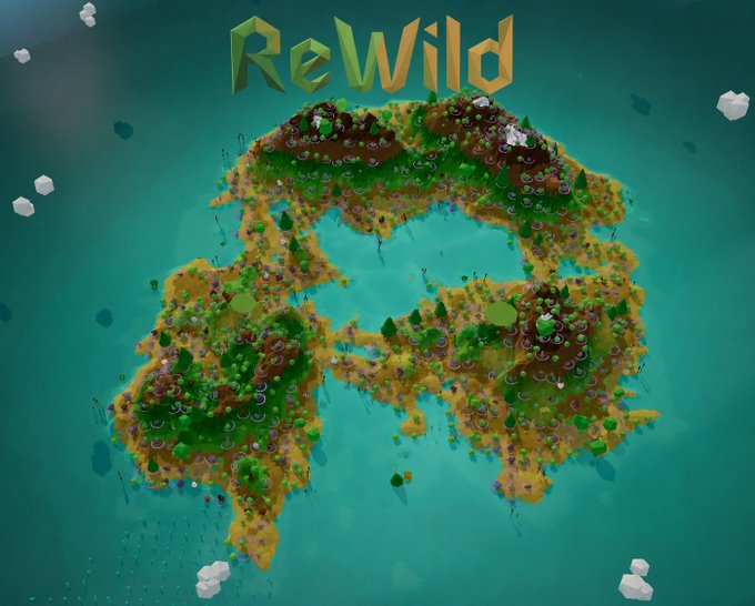 The image showcases the title "ReWild" displayed above a low-poly, top-down view of a procedurally generated island surrounded by teal waters, featuring diverse biomes of forests and terrain. This directly illustrates the post's concept of growing an island, restoring ecosystems, and balancing predator and prey to build a thriving living world tied to the pump.fun creator's ecosystem rewards.
