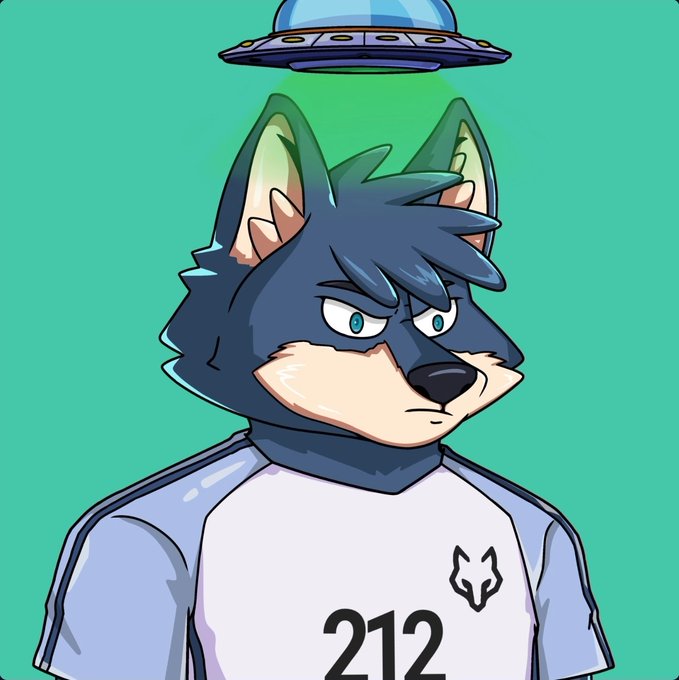 Digital illustration of an anthropomorphic wolf character with a UFO beaming green light onto its head, wearing a white shirt featuring a wolf logo and the number 212.